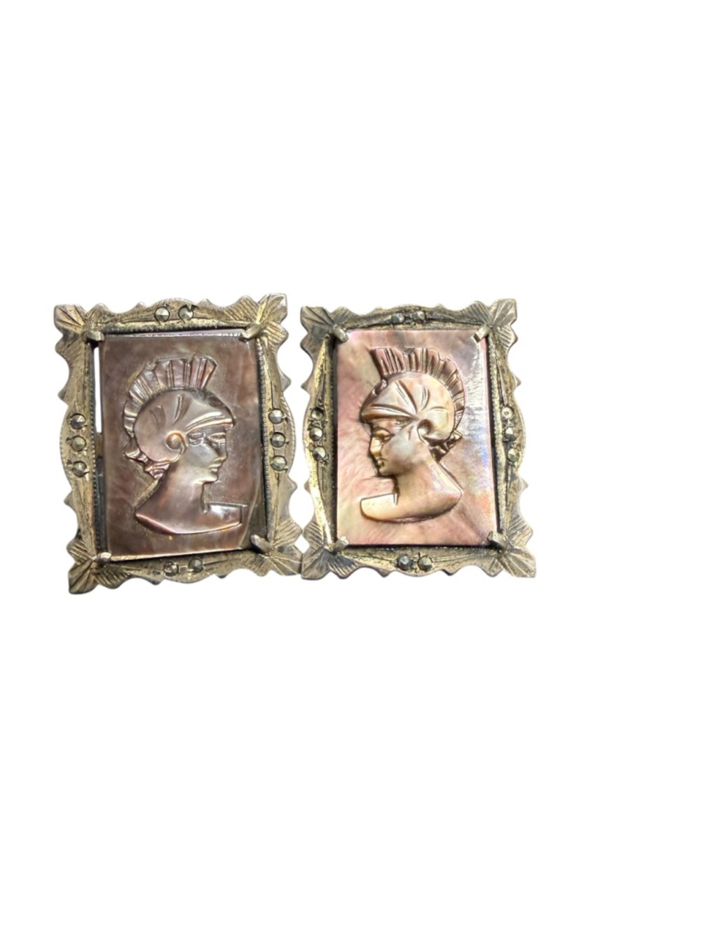 Vintage Marked 800‎ Silver Mother of Pearl Roman Warrior Marcasite Cufflinks